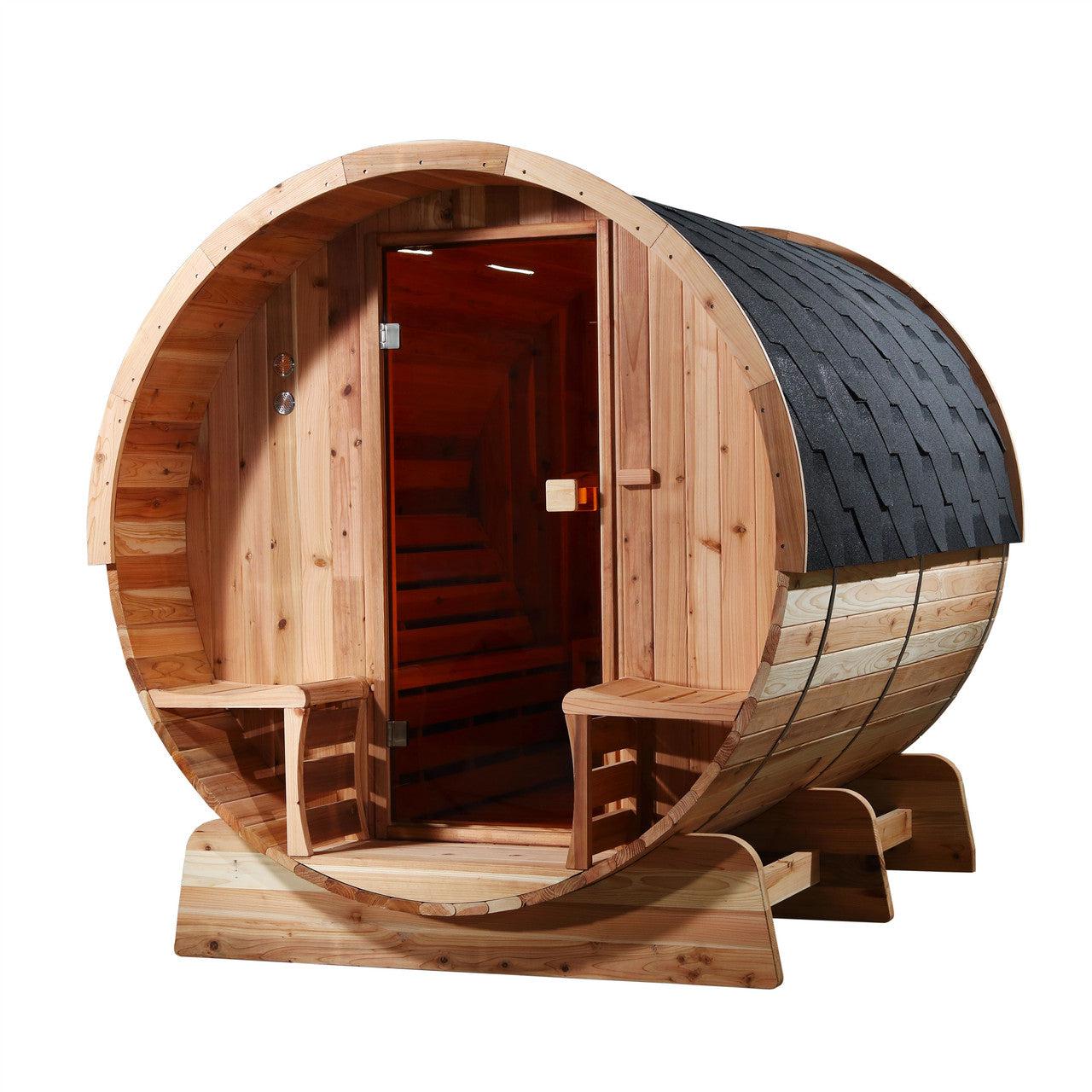 ALEKO Outdoor Rustic Cedar 6 Person Barrel Steam Sauna With Heater -Front Porch Canopy - SB6CED-AP - Purely Relaxation