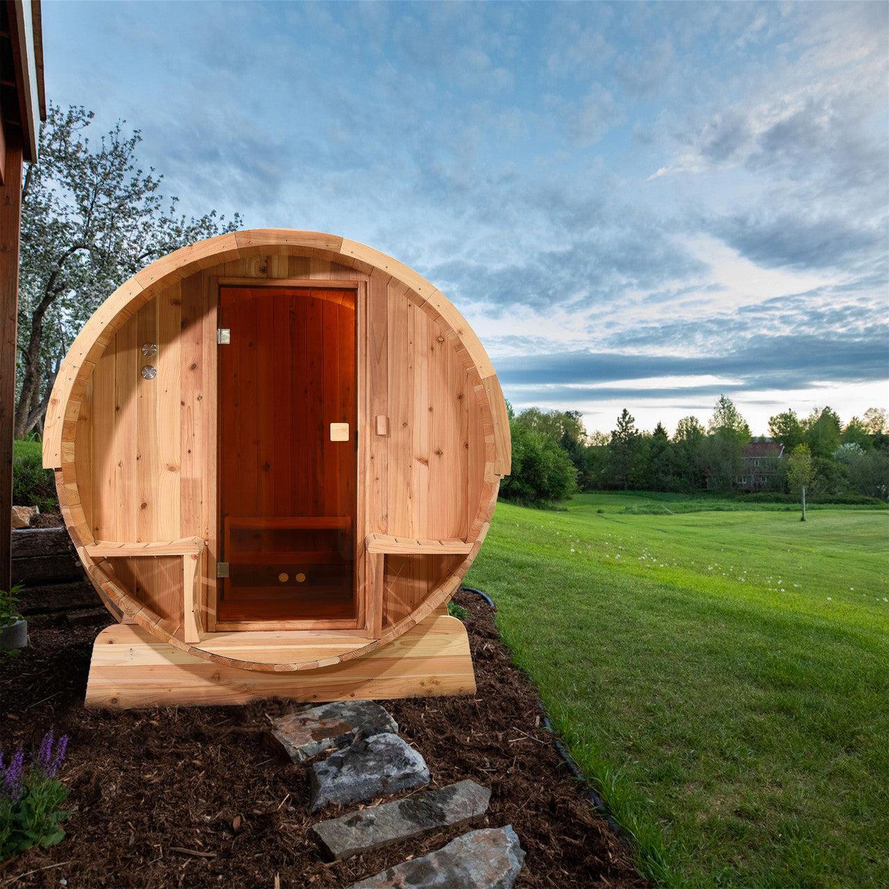 ALEKO Outdoor Rustic Cedar 6 Person Barrel Steam Sauna With Heater -Front Porch Canopy - SB6CED-AP - Purely Relaxation