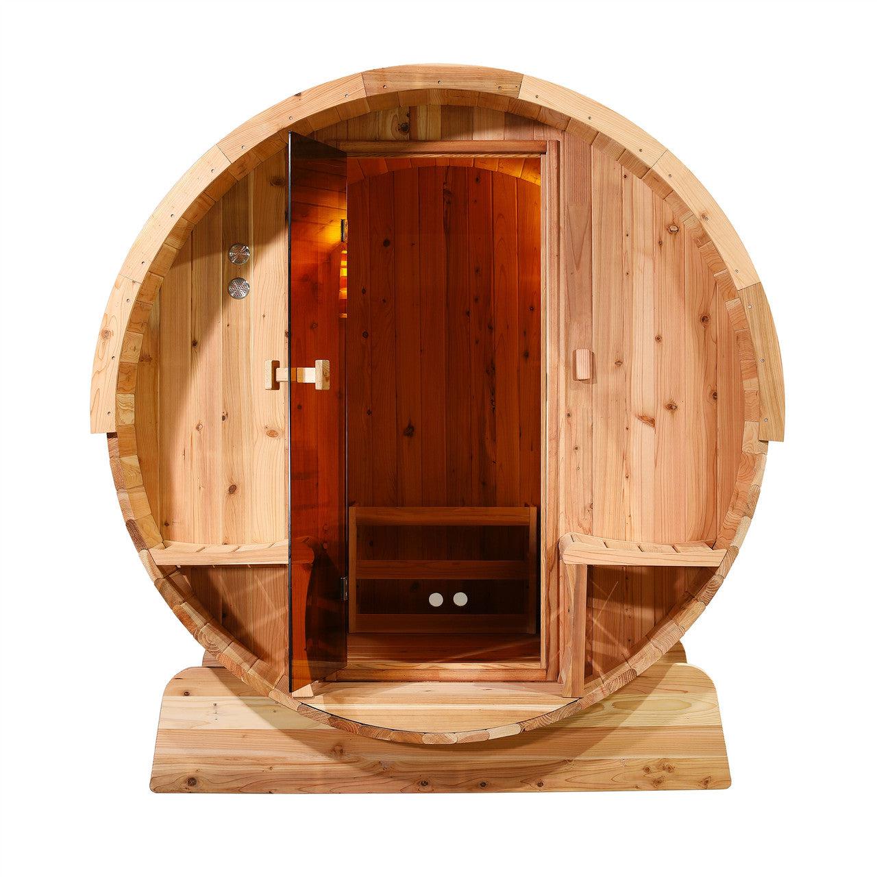 ALEKO Outdoor Rustic Cedar 6 Person Barrel Steam Sauna With Heater -Front Porch Canopy - SB6CED-AP - Purely Relaxation
