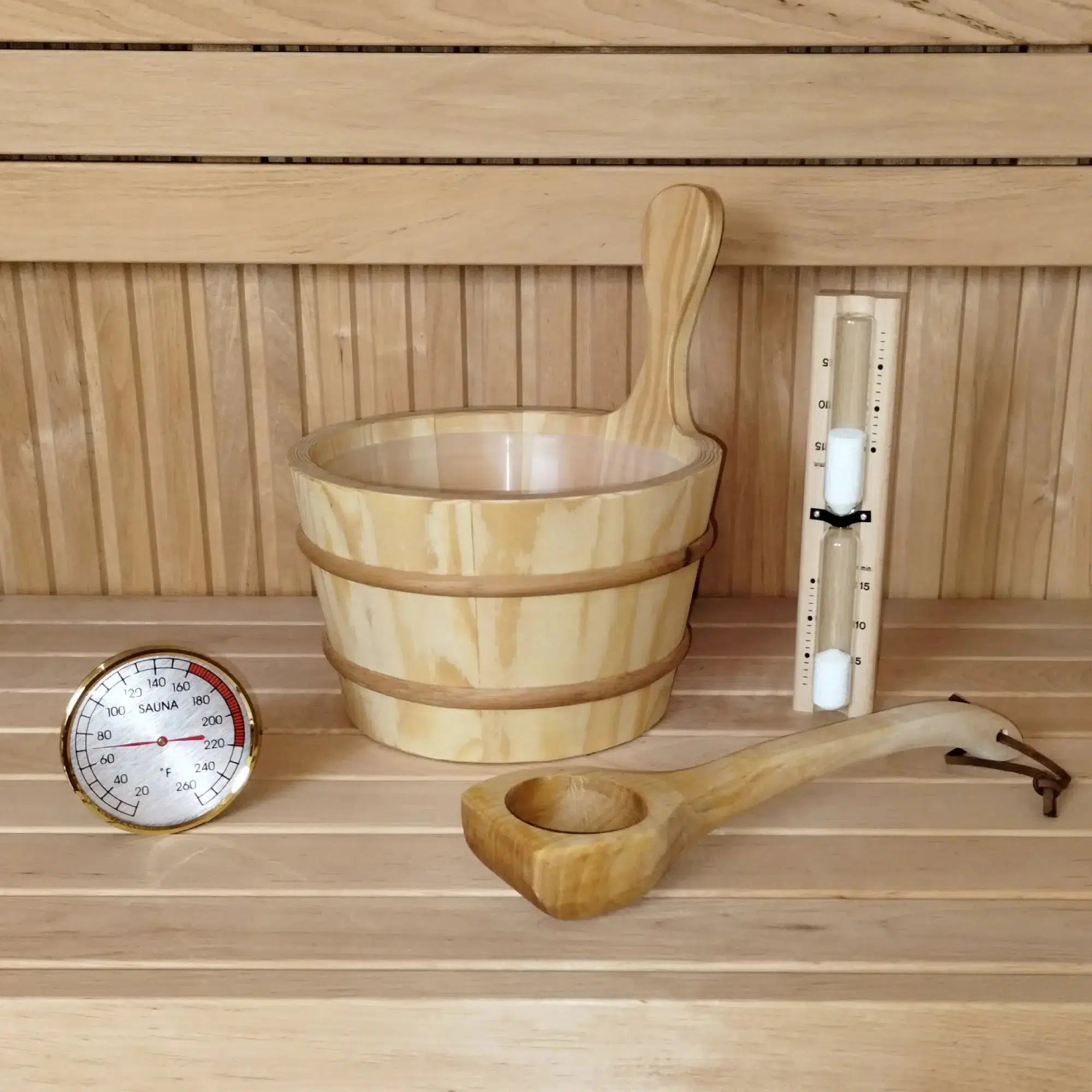 Bucket and Ladle Package 1, Ladle, Timer and Thermometer - Sauna Accessory Package - Purely Relaxation