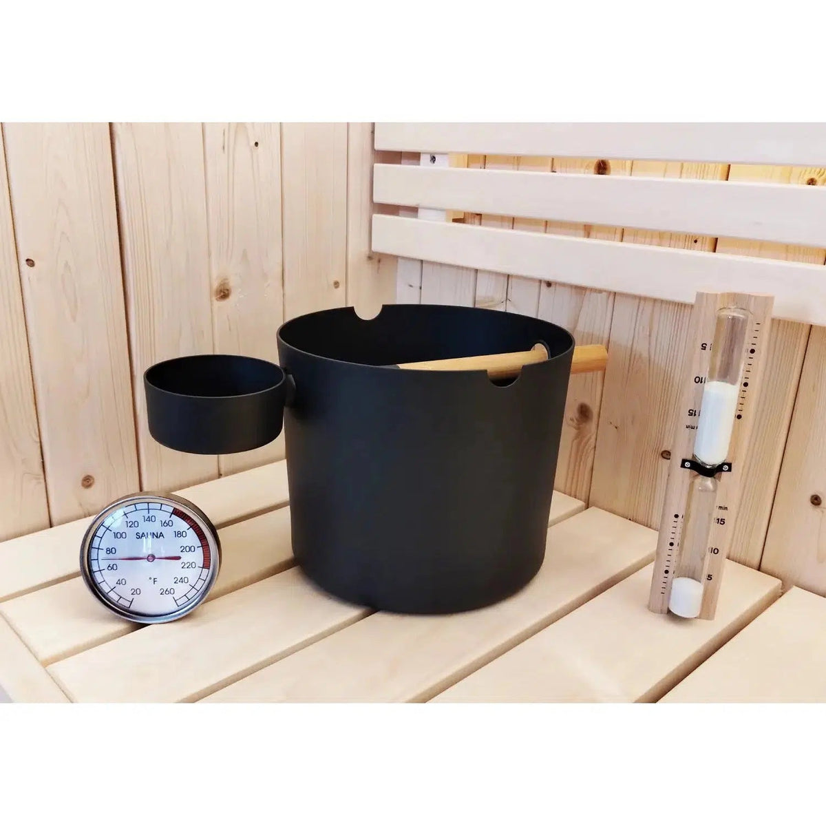 Bucket and Ladle Package 2 Timer, Thermometer w/Premium Bucket &amp; Ladle - Sauna Accessory Package - Black - Purely Relaxation