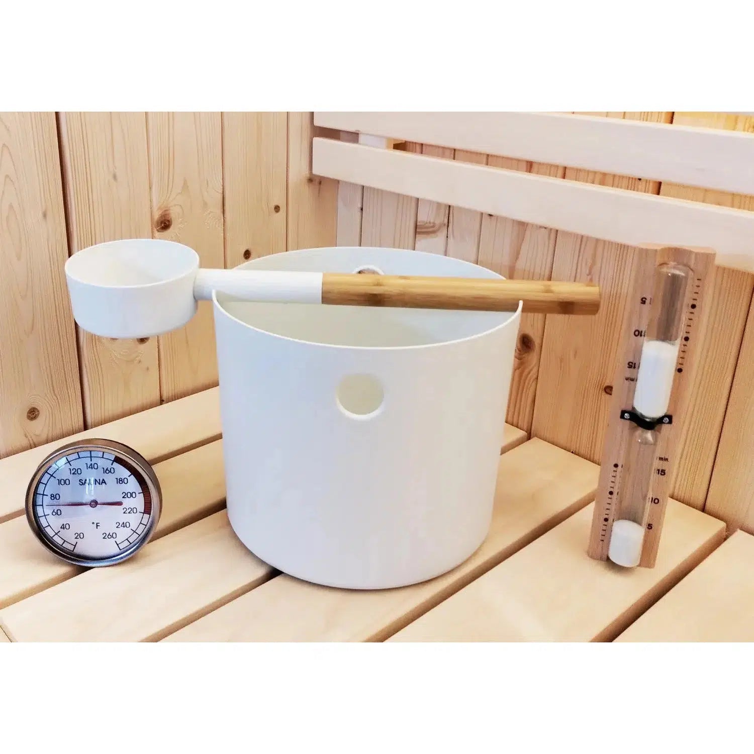 Bucket and Ladle Package 2 Timer, Thermometer w/Premium Bucket & Ladle - Sauna Accessory Package - White - Purely Relaxation