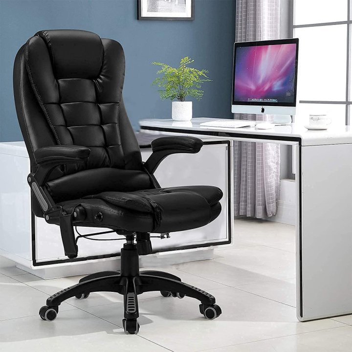 Ergonomic Massage Office Chair High Back Black PU Leather Heating Vibration Reclining Swivel Lumbar Support - Purely Relaxation