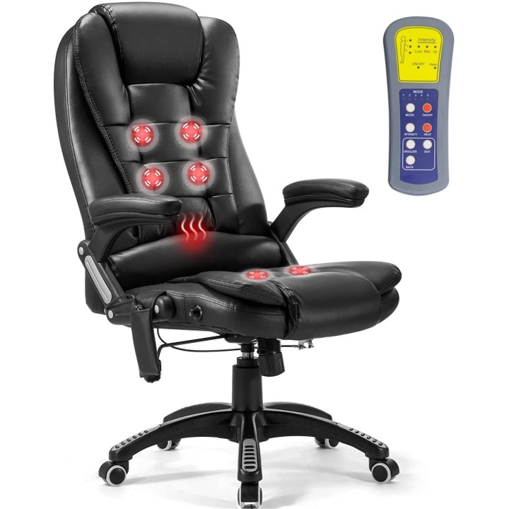 Ergonomic Massage Office Chair High Back Black PU Leather Heating Vibration Reclining Swivel Lumbar Support - Purely Relaxation