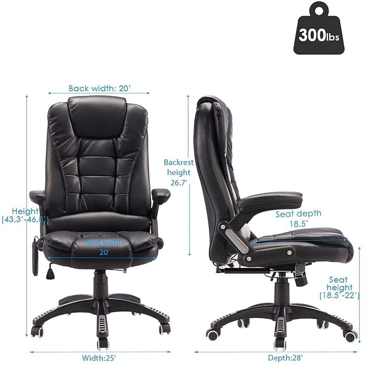 Ergonomic Massage Office Chair High Back Black PU Leather Heating Vibration Reclining Swivel Lumbar Support - Purely Relaxation