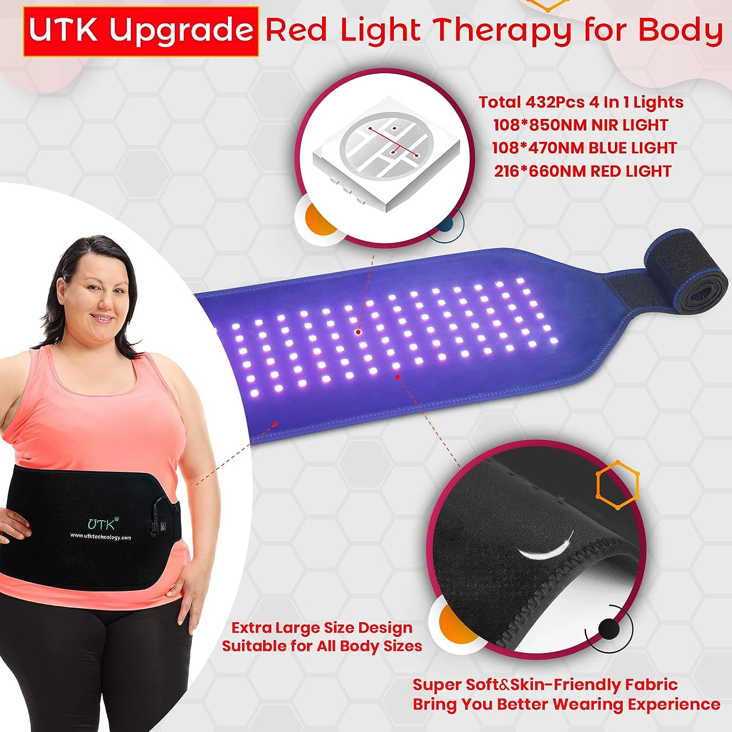 UTK Technology Red Light Therapy Belt for Body Pain Relief 4 in 1 Infrared Light Therapy Flexible Wearable Device M3GY1-01-B - Purely Relaxation